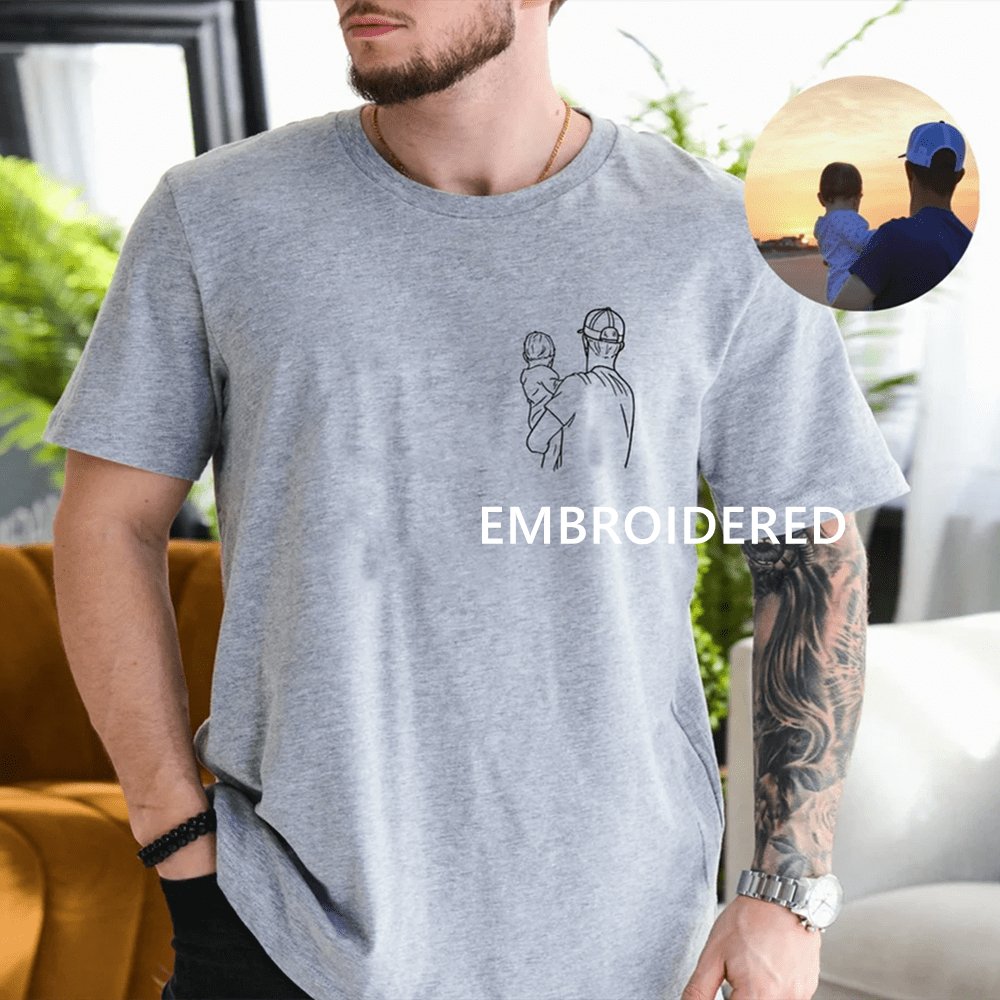 Custom Custom Embroidery Unisex T-Shirt Personalised Portrait Photo Tshirt Line Portrait from Photo Shirt Gift for Father's Day - YesCustom