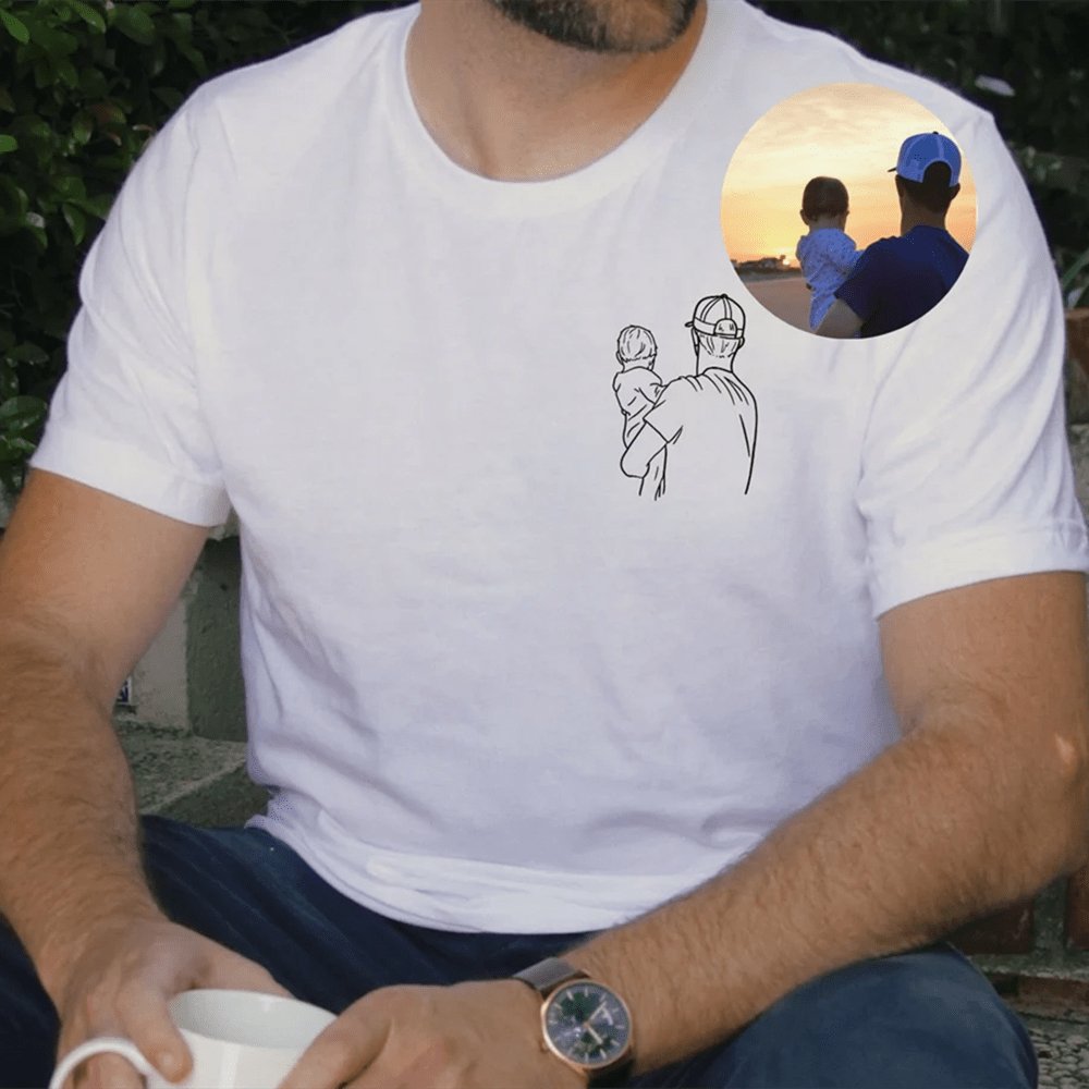 Custom Custom Embroidery Unisex T-Shirt Personalised Portrait Photo Tshirt Line Portrait from Photo Shirt Gift for Father's Day - YesCustom