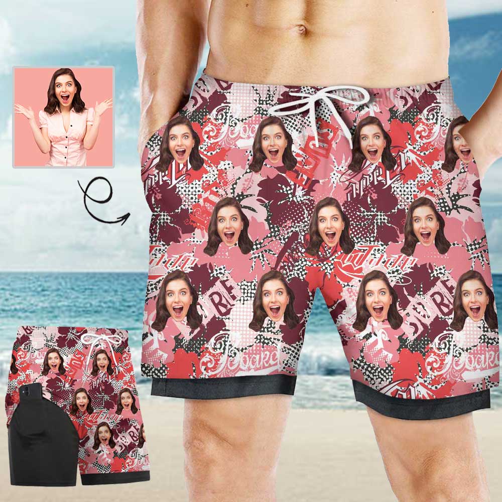 Custom Custom Face 2 in 1 Surfing Shorts Pink Men's Beach Shorts - YesCustom