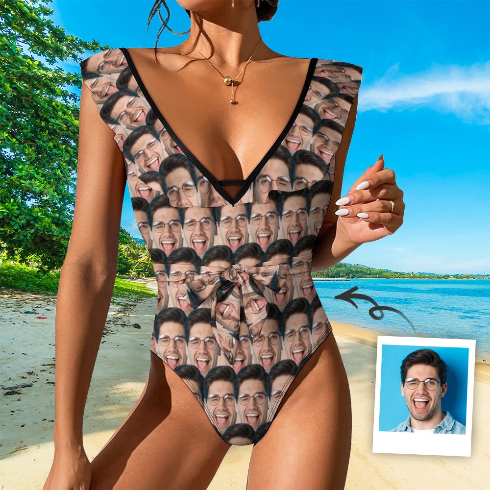 Custom Custom Face All V Neck Ruffle One Piece Swimsuit Sexy Belt Custom Picture Bathing Suit Tie Back - YesCustom
