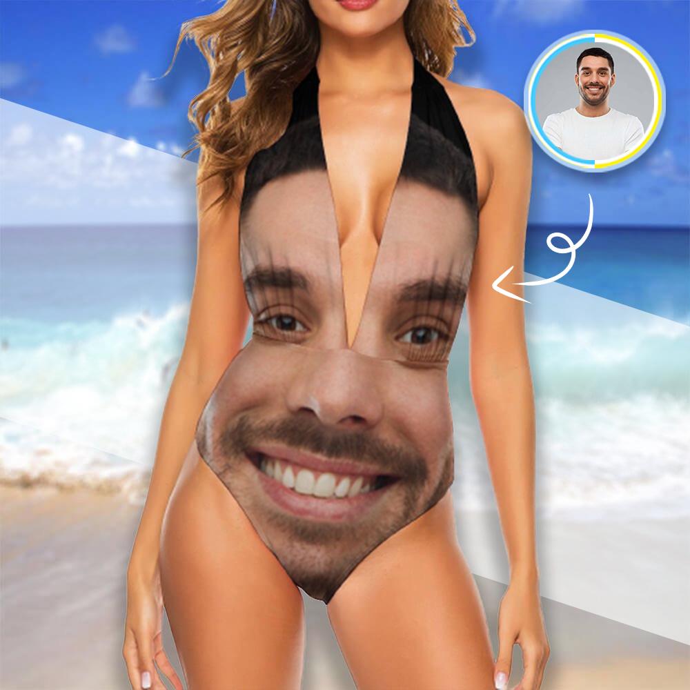 Custom Custom Face All You Swimsuit Personalized Women's Backless V-Neck One Piece Bathing Suit Funny Gift Idea - YesCustom