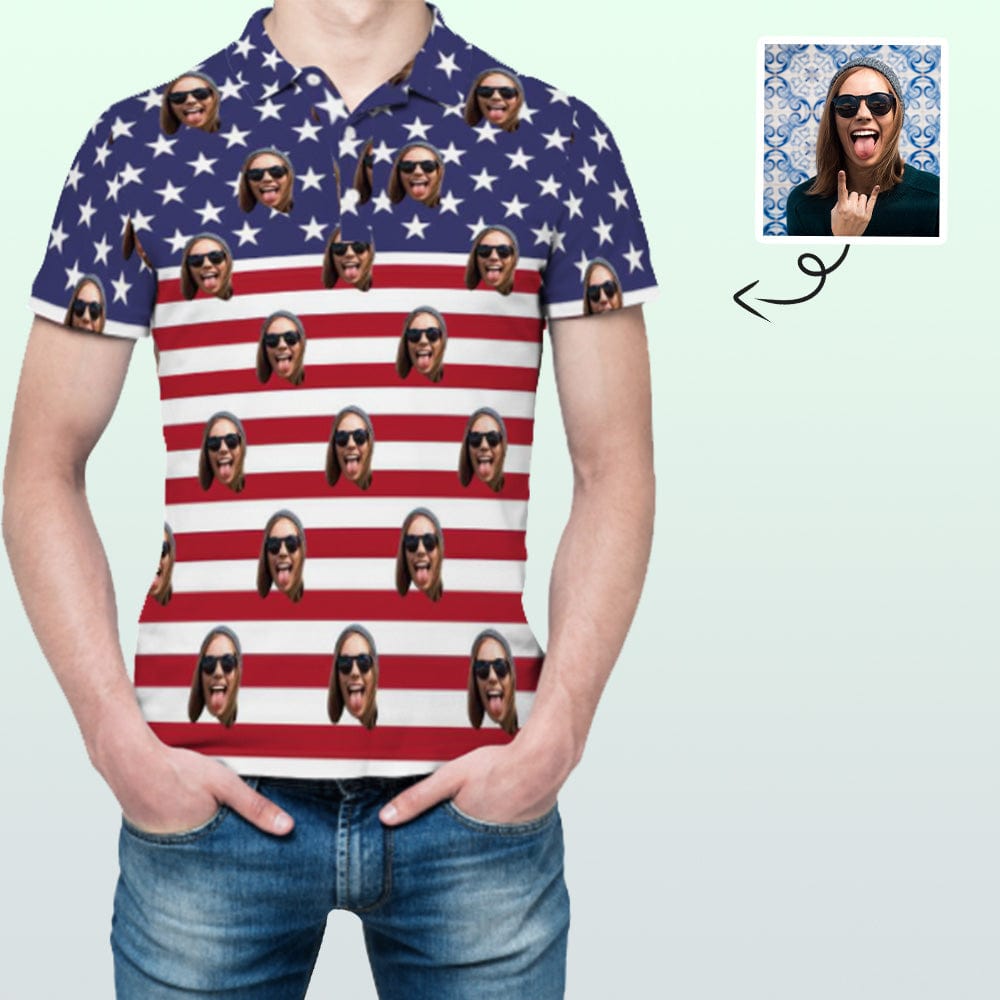 Custom Custom Face American Flag All Over Print Polo Shirt Personalized Men's Golf Shirt - YesCustom