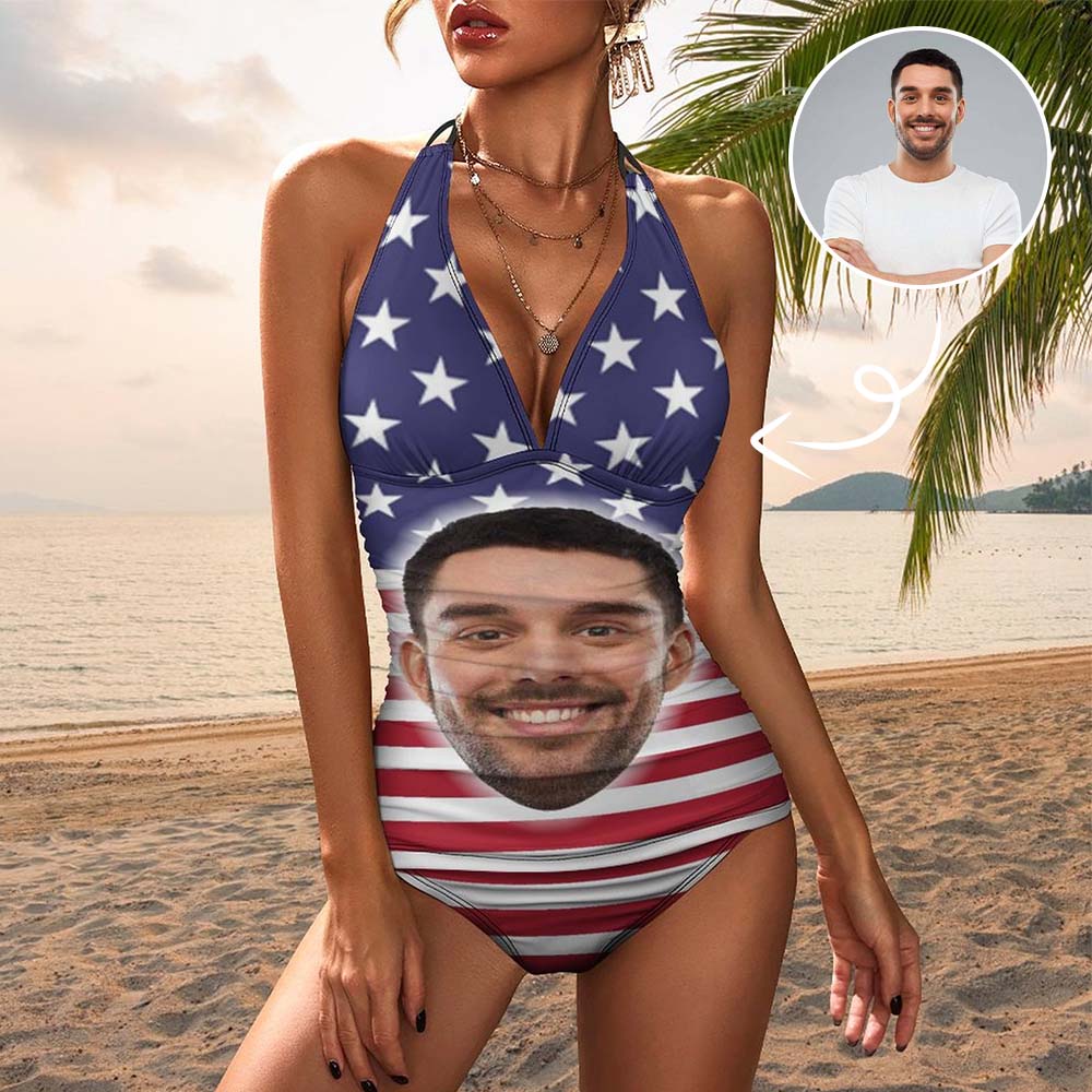 Custom Custom Face American Flag Bathing Suit Personalized Womens Tankini Sets Bikini Two Piece Swimsuit - YesCustom