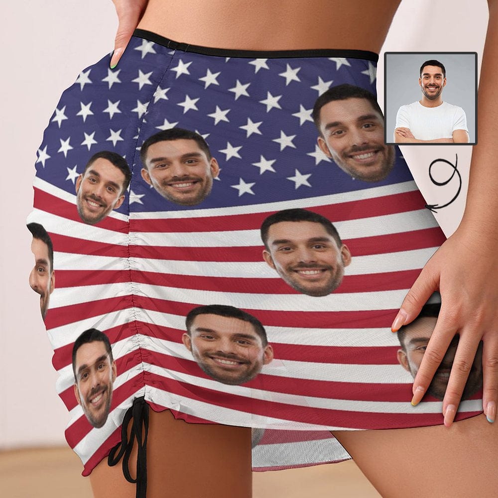 Custom Custom Face American Flag Beach Skirt Women's Short Dress Stars Stripes Swimsuit Bottom Personalized Women's Swim Dress Short Skirt - YesCustom