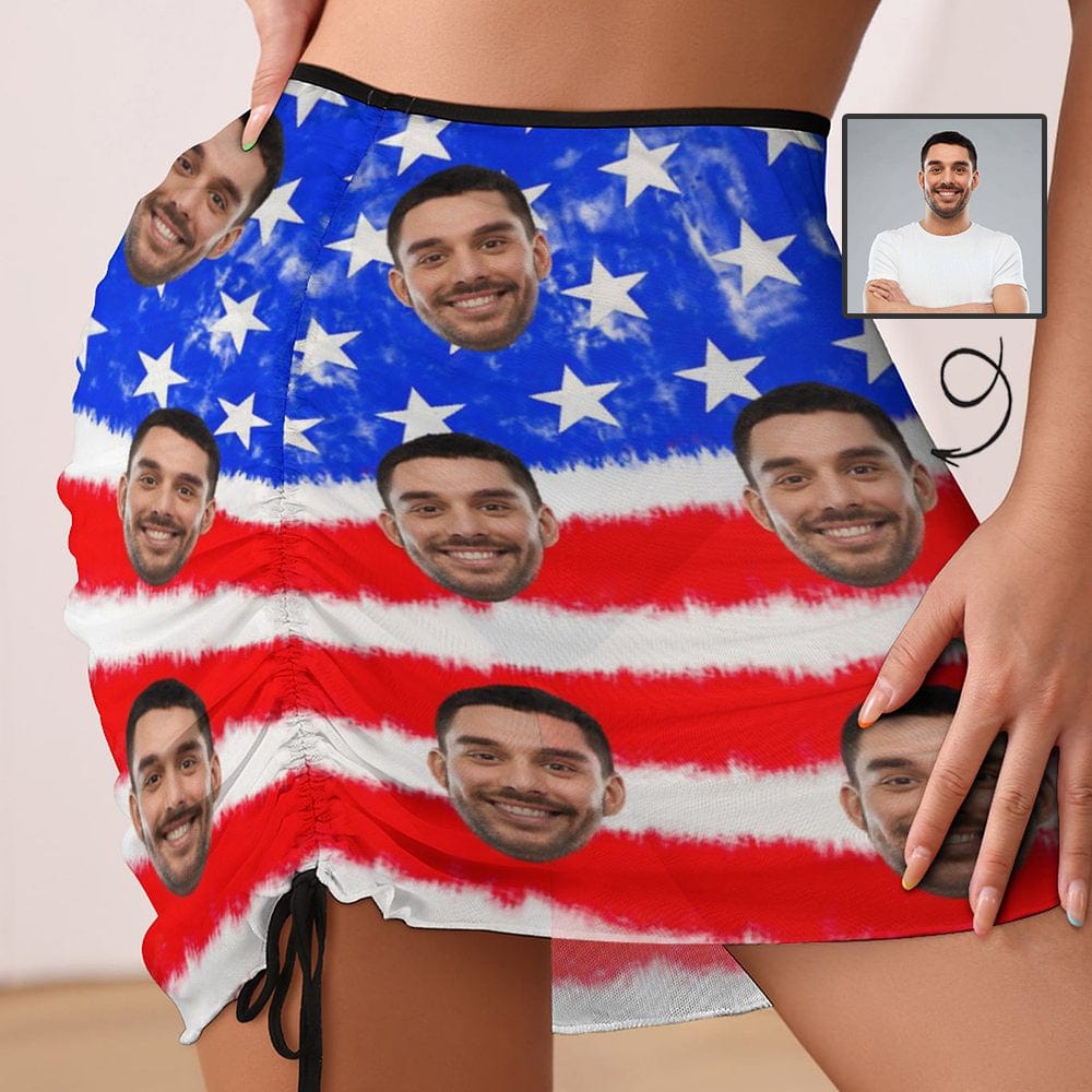 Custom Custom Face American Flag Beach Skirt Women's Swimwear Star Stripes Flag Short Dress Swimsuit Bottom Personalized Women's Swim Dress Short Skirt - YesCustom