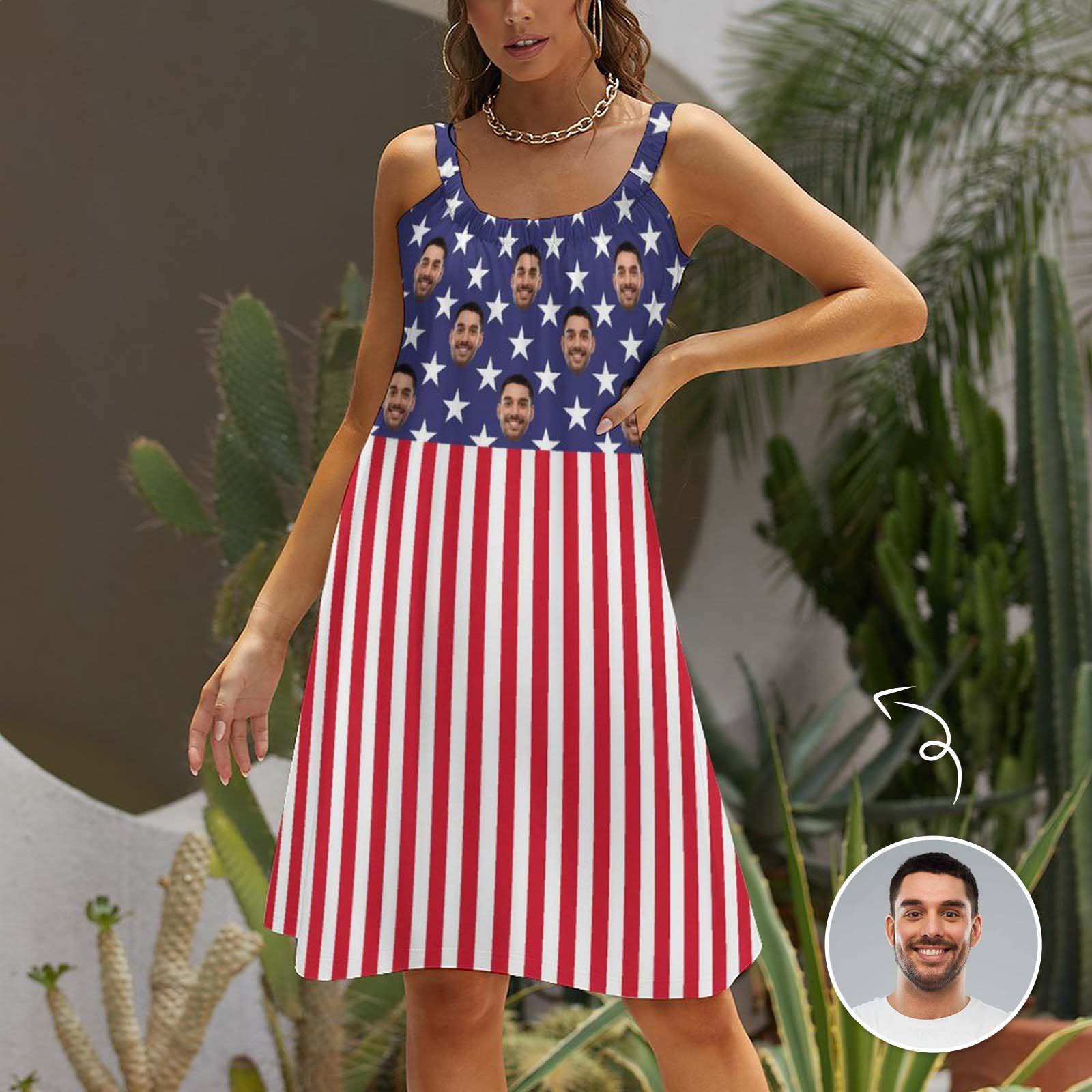 Custom Custom Face American Flag Beach Sling Skirt Personalized Sundress Women's Dress Sundress - YesCustom