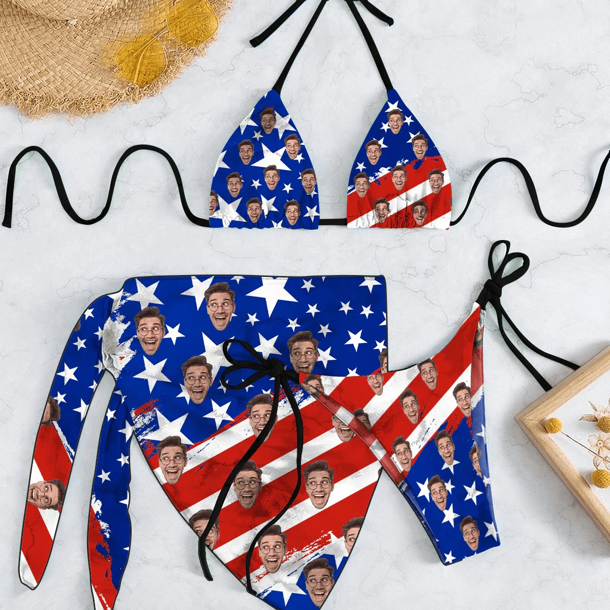 Custom Custom Face American Flag Bikini&Cover Up Set Women's Triangle Bikini Beach Wrap - YesCustom