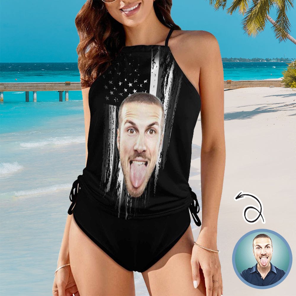 Custom Custom Face American Flag Black Womens Sexy Halter Tummy Control Swimsuit Tankini Top Sets Fashion Two Piece Bathing Suit with Tie Side - YesCustom