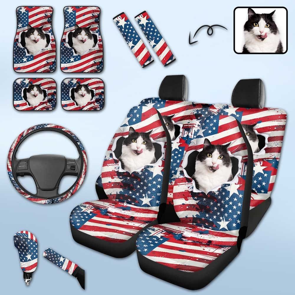 Custom Custom Face American Flag Car Accessories Set Car Seat Covers Set of 4 Steering Wheel Cover Car Floor Mats Car Shift Knob Cover&Hand Brake Cover Seat Belt Pads - YesCustom