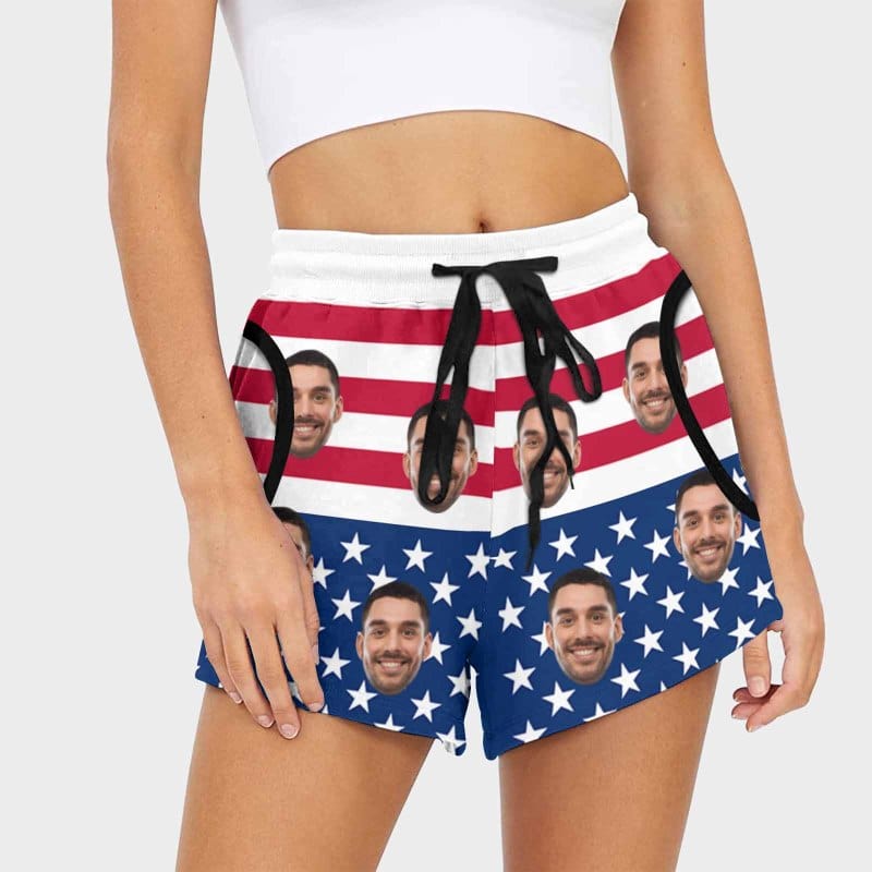 Custom Custom Face American Flag Couple Matching Beach Shorts Personalized Men's Elastic Beach Shorts&Women's Mid-Length Board Shorts Swim Trunks - YesCustom