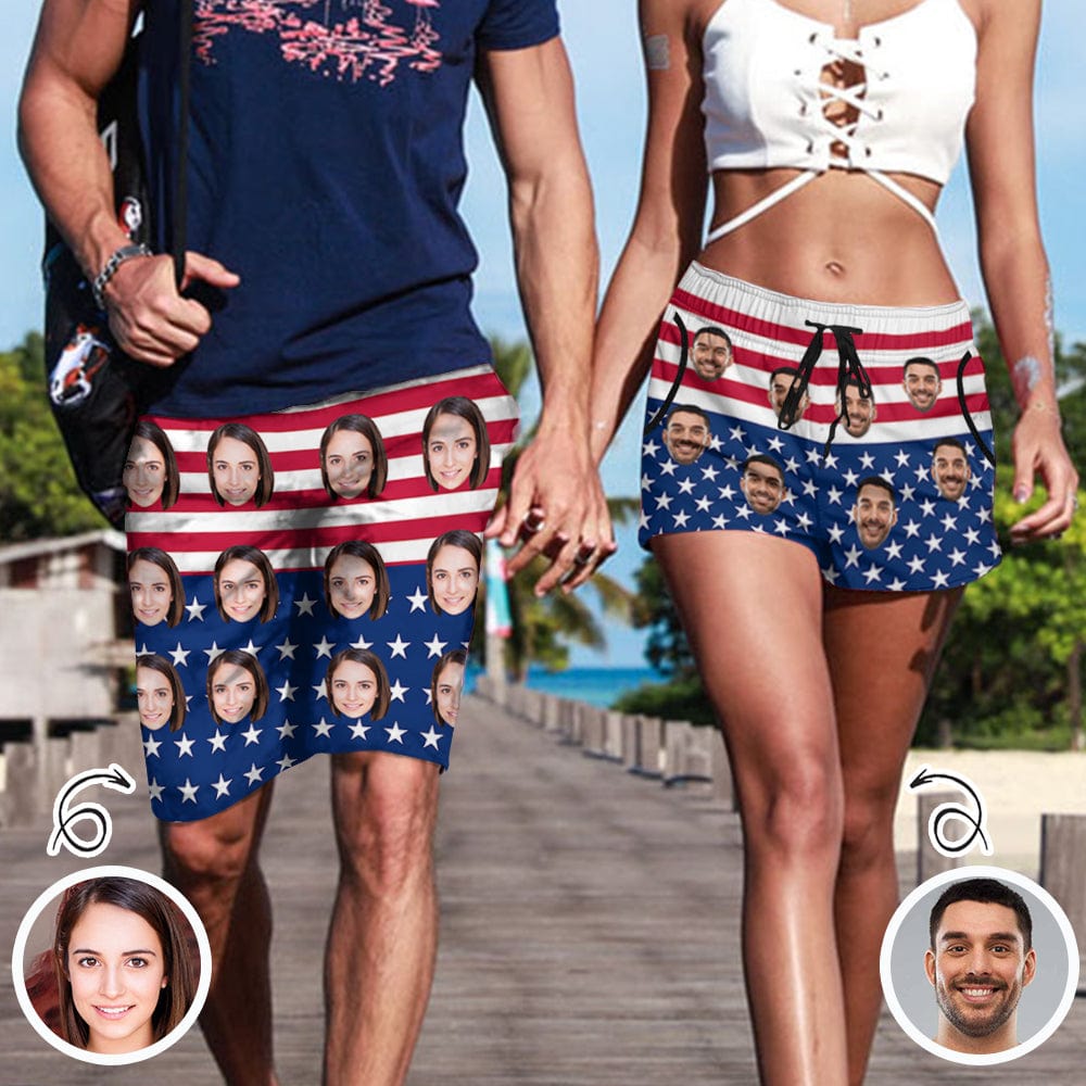 Custom Custom Face American Flag Couple Matching Beach Shorts Personalized Men's Elastic Beach Shorts&Women's Mid-Length Board Shorts Swim Trunks - YesCustom