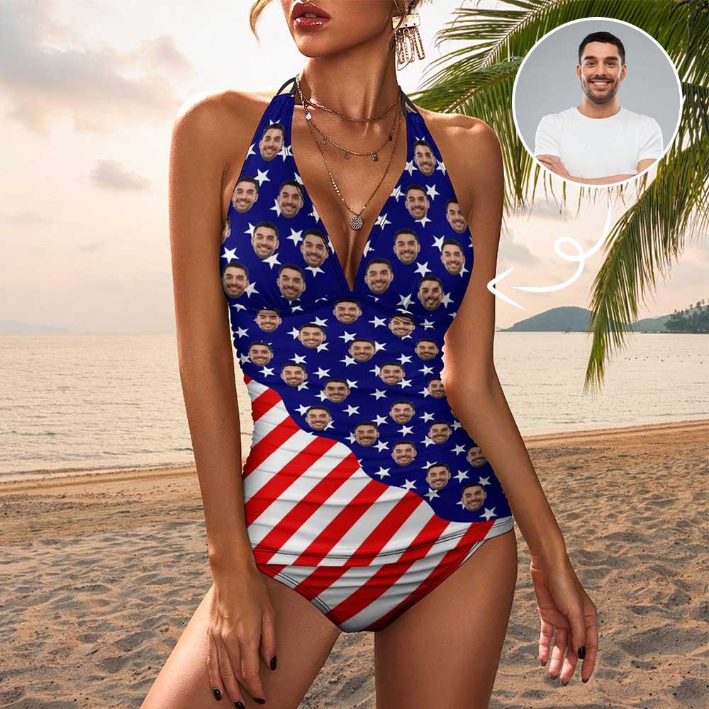 Custom Custom Face American Flag Swimsuit Personalized Womens Tankini Sets Bikini Two Piece Bathing Suit - YesCustom