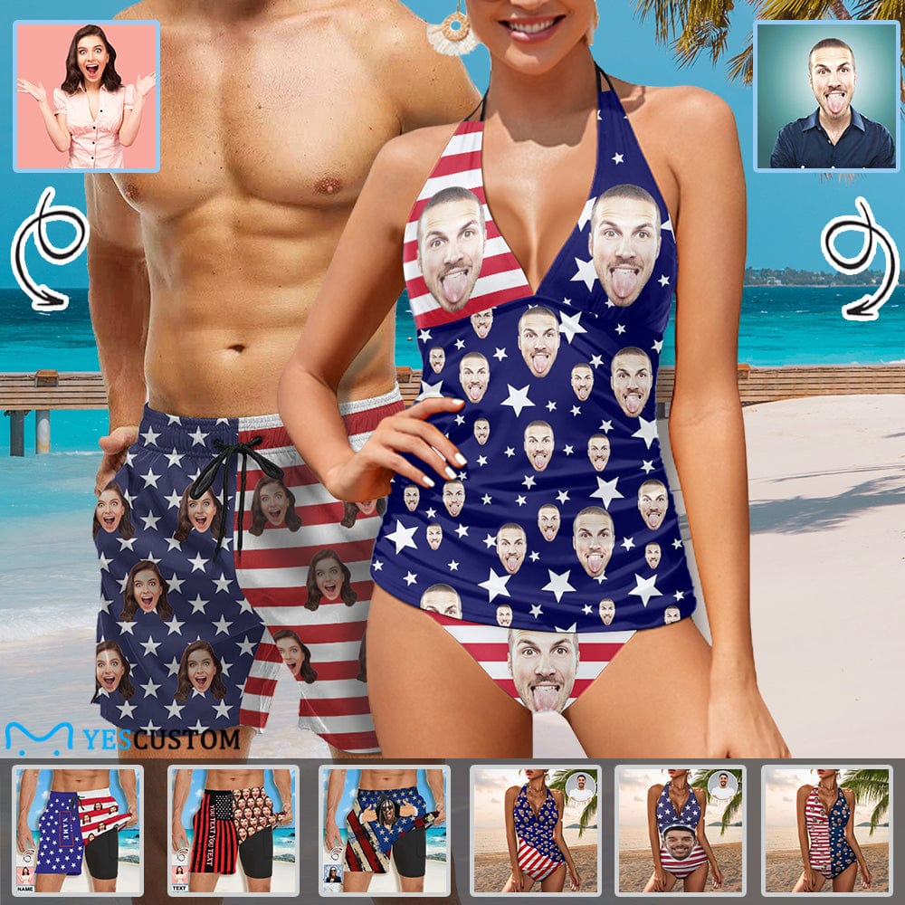 Custom Custom Face American Flag Couple Matching Women's Tankini Sets&Men's Quick Dry 2 in 1 Beach Shorts - YesCustom