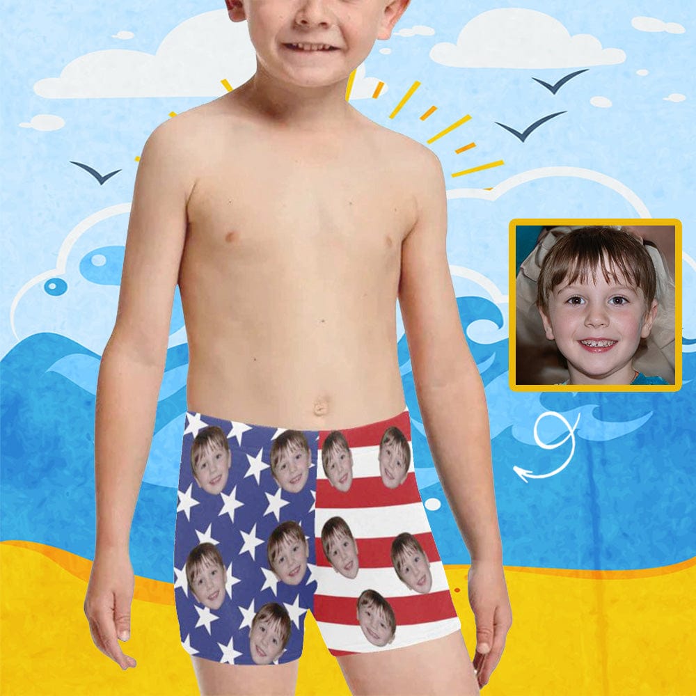 Custom Custom Face American Flag Little Boys' Swimming Trunks Personalized Toddler Boy Swim Shorts Children Swimwear - YesCustom