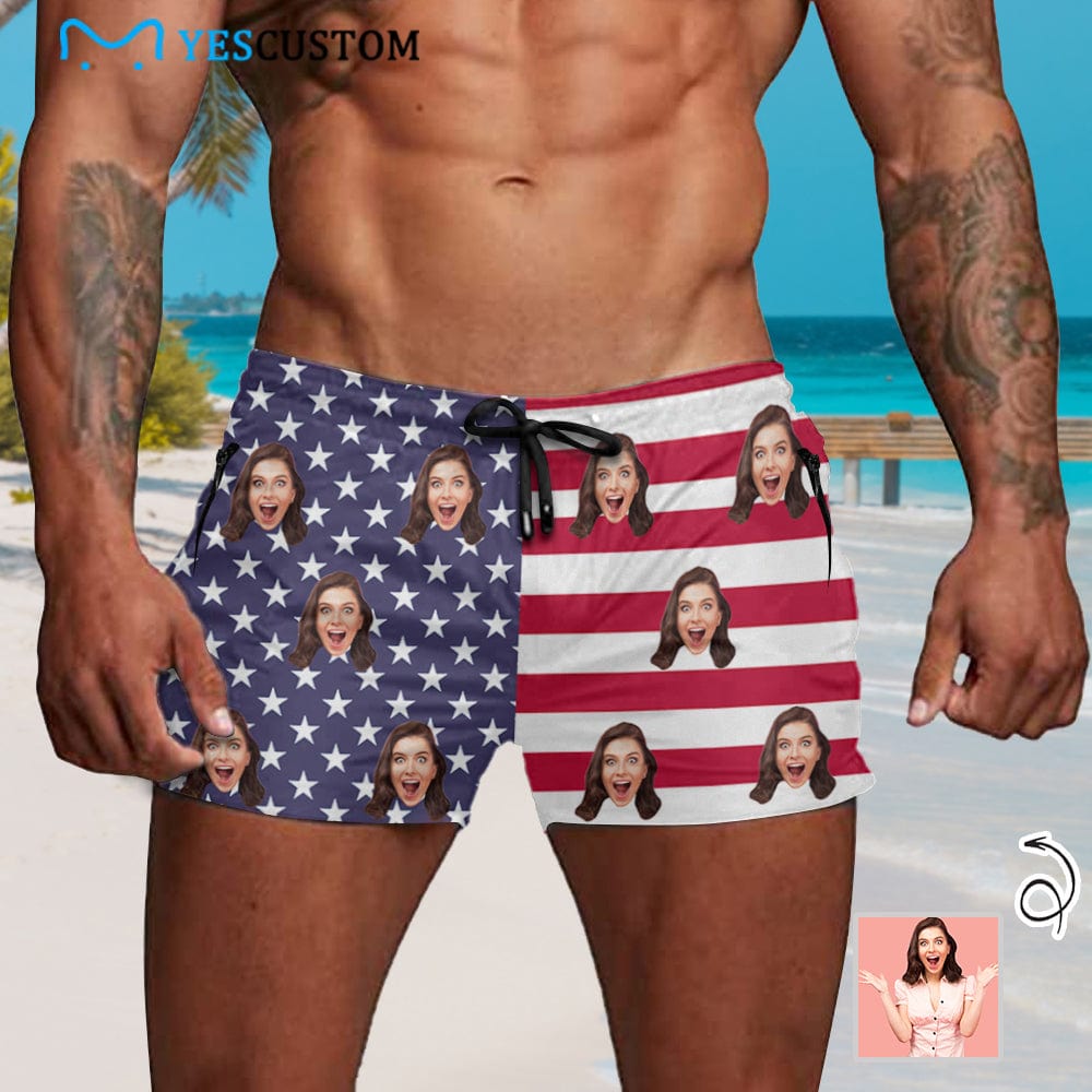 Custom Custom Face American Flag Men's Quick Dry Shorts Personalized Swim Trunks with Side Zipper Pocket Surfing Square Leg Board Shorts - YesCustom