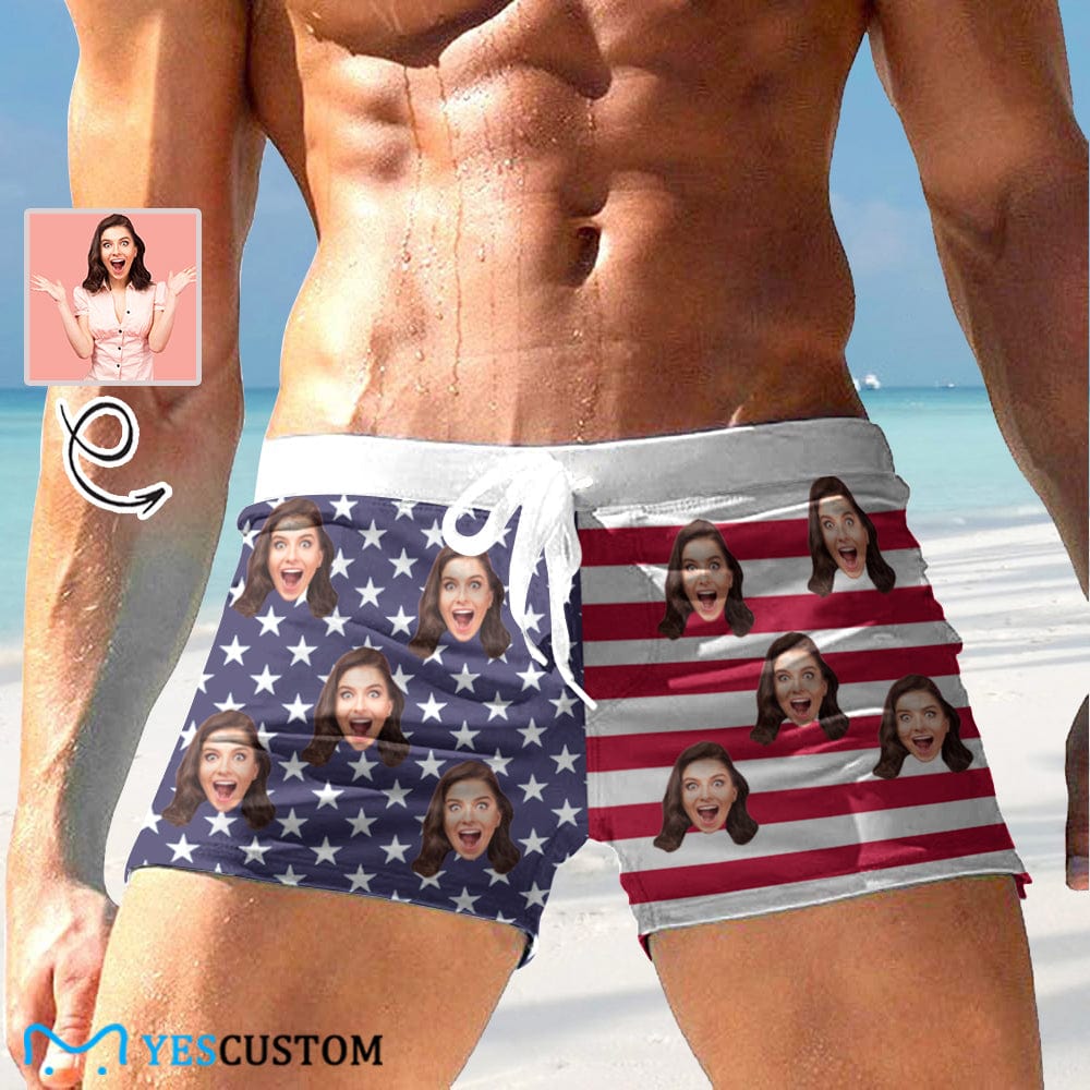 Custom Custom Face American Flag Men's Swimwear Short Swim Trunks with Zipper Pocket Personalized Surfing Square Leg Board Shorts - YesCustom