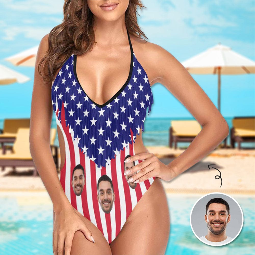 Custom Custom Face American Flag One Piece Fringe Swimsuit Personalized Women's Bathing Suit - YesCustom