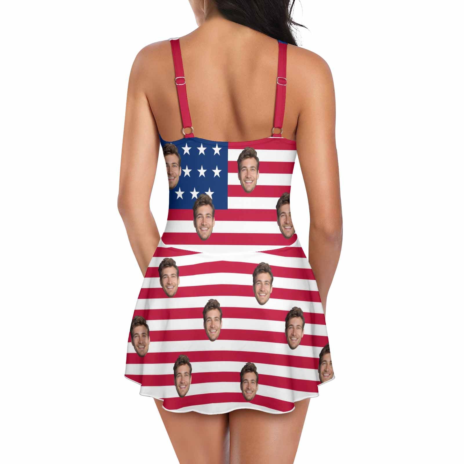 Custom Custom Face American Flag Pattern Women's One Piece Skirted Swimsuit - YesCustom