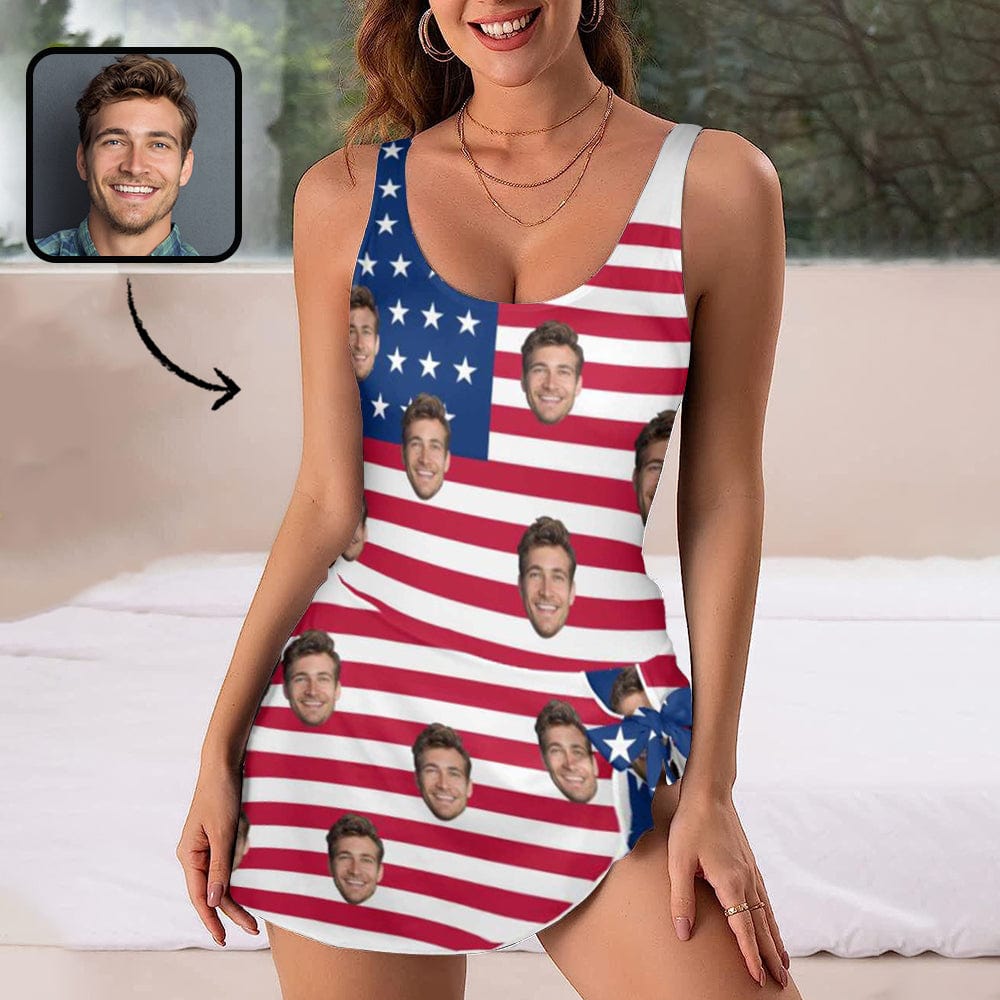 Custom Custom Face American Flag Pattern Women's One Piece Skirted Swimsuit - YesCustom