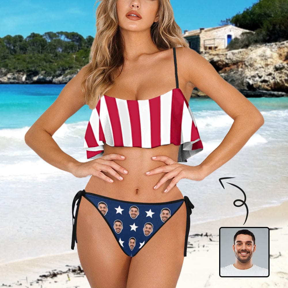 Custom Custom Face American Flag Ruffle Bikini Personalized Bathing Suit Women's Two Piece Low Waisted Bikini Swimsuit Summer Beach Pool Outfits - YesCustom