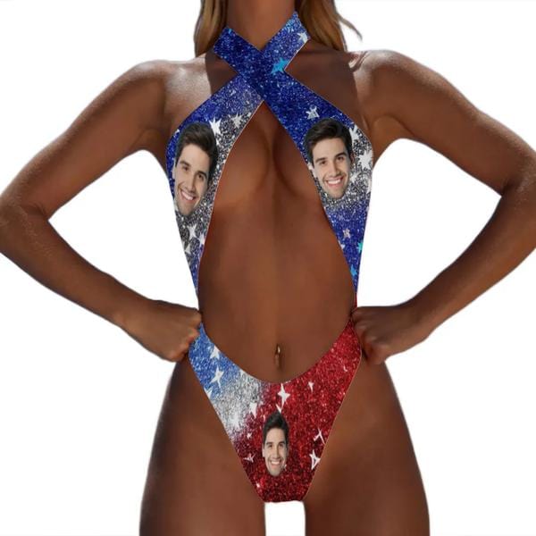 Custom Custom Face American Flag Shining Women's Halter High Cut One-Piece Swimsuit Custom Face Bathing Suit - YesCustom