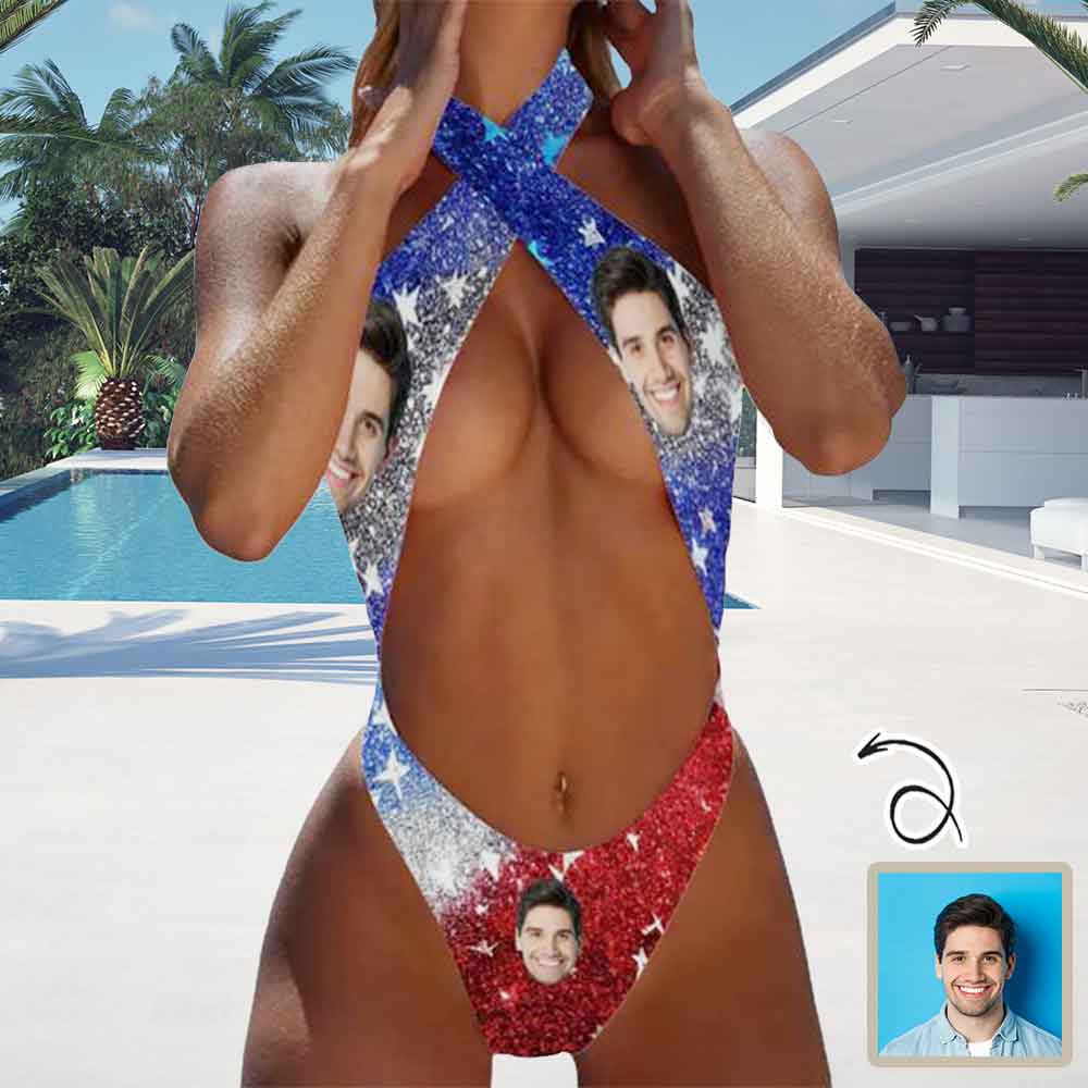 Custom Custom Face American Flag Shining Women's Halter High Cut One-Piece Swimsuit Custom Face Bathing Suit - YesCustom
