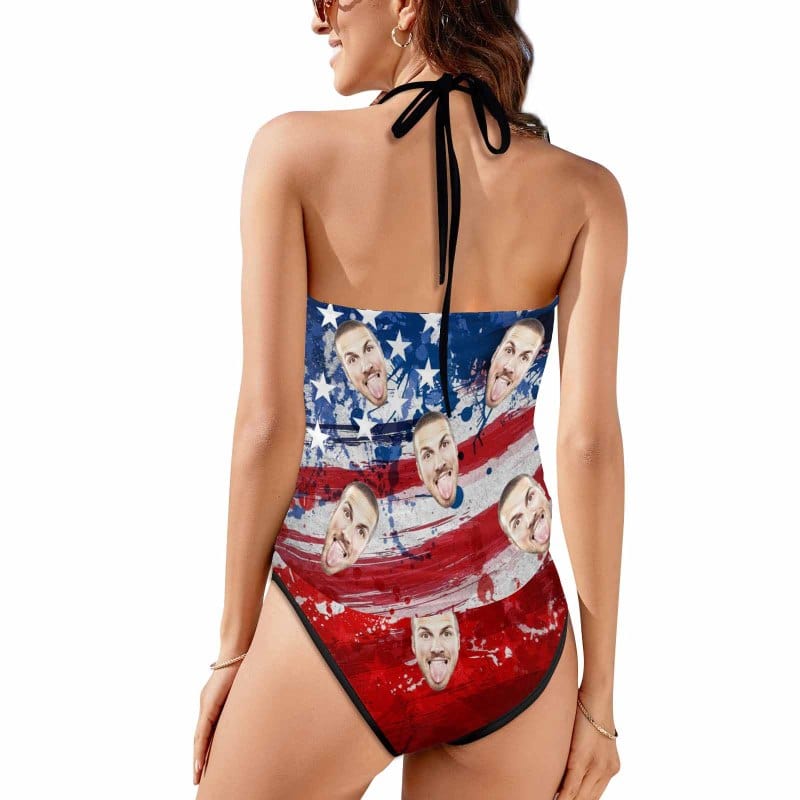 Custom Custom Face American Flag Splash Ink Womens Sexy Halter Tummy Control Swimsuit Tankini Top Sets Fashion Two Piece Bathing Suit with Tie Side - YesCustom