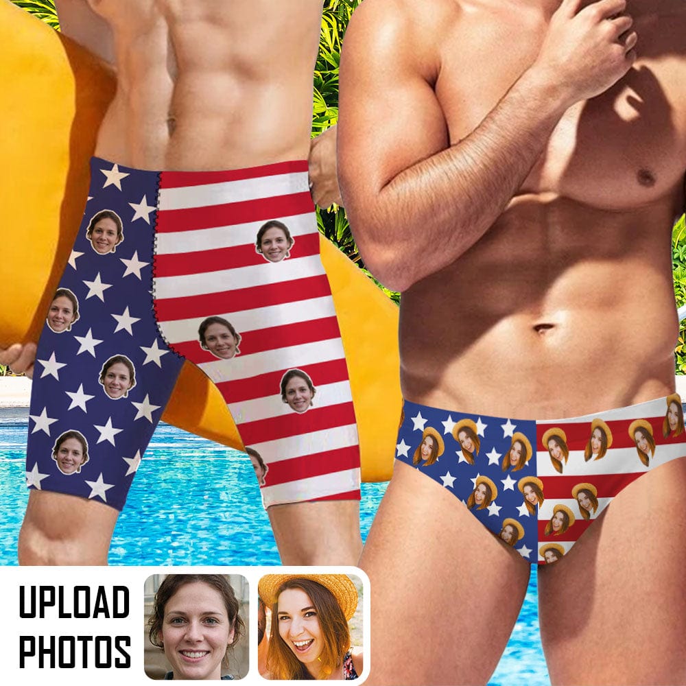 Custom Custom Face American Flag Stars Men's Swim Shorts Personalized Triangle Swim Briefs Men's Knee Surf Shorts Funny Swim Trunks for Holiday - YesCustom