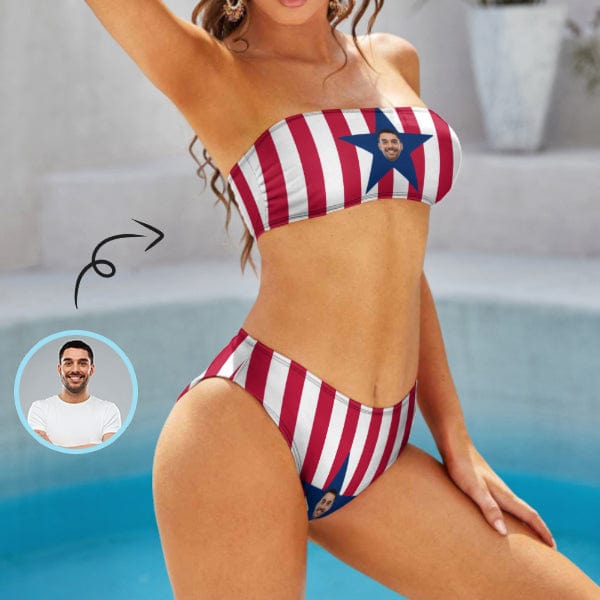 Custom Custom Face American Flag Strapless Bandeau Top Cheeky Bikini Bathing Suit Personalized Women's Two Piece Swimsuit Beach Outfits - YesCustom
