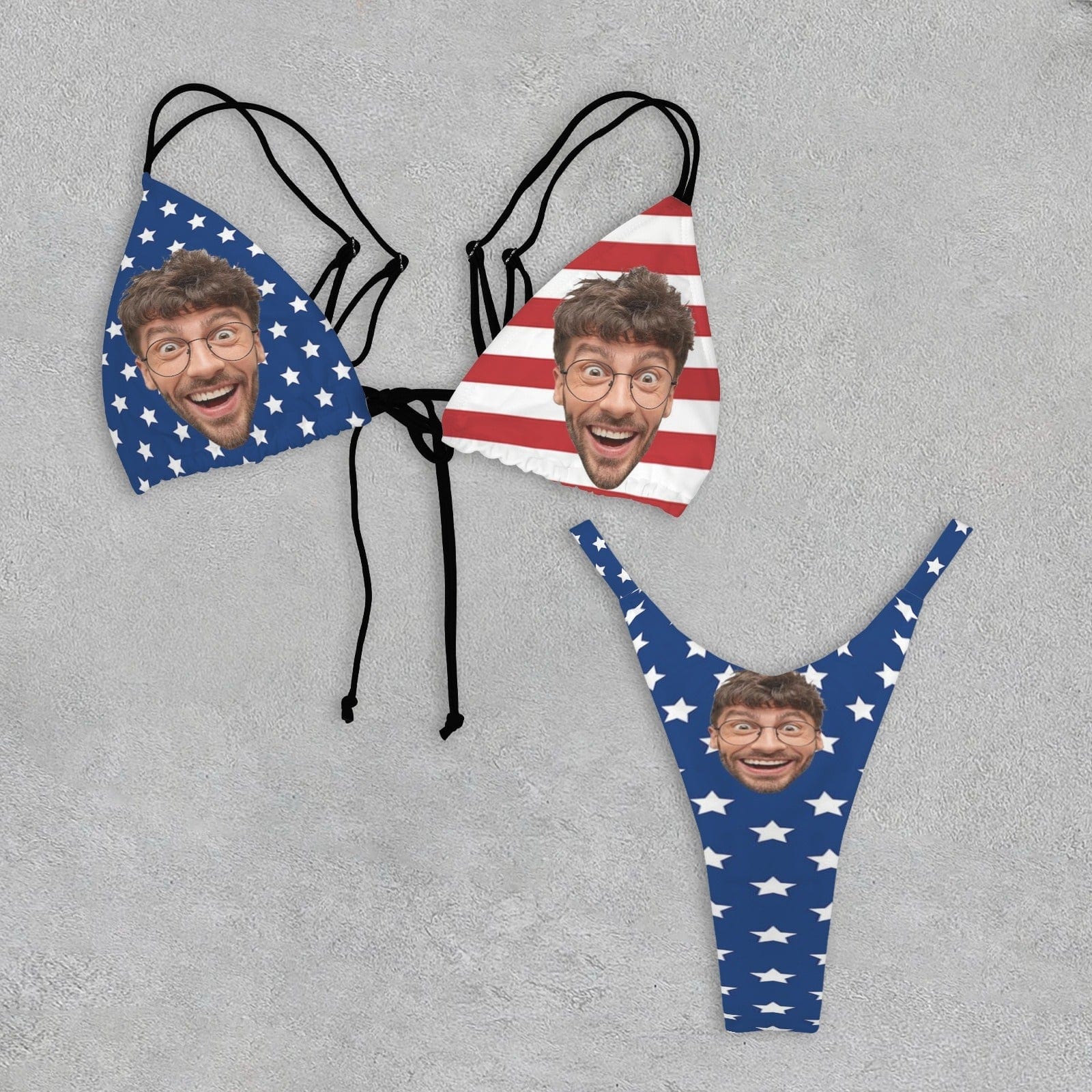 Custom Custom Face American Flag String Bikini Set Double Shoulder Straps Triangle Bikini Two Piece Swimsuit - YesCustom