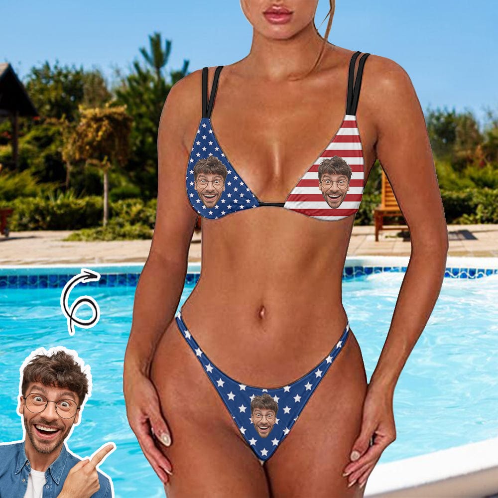 Custom Custom Face American Flag String Bikini Set Double Shoulder Straps Triangle Bikini Two Piece Swimsuit - YesCustom