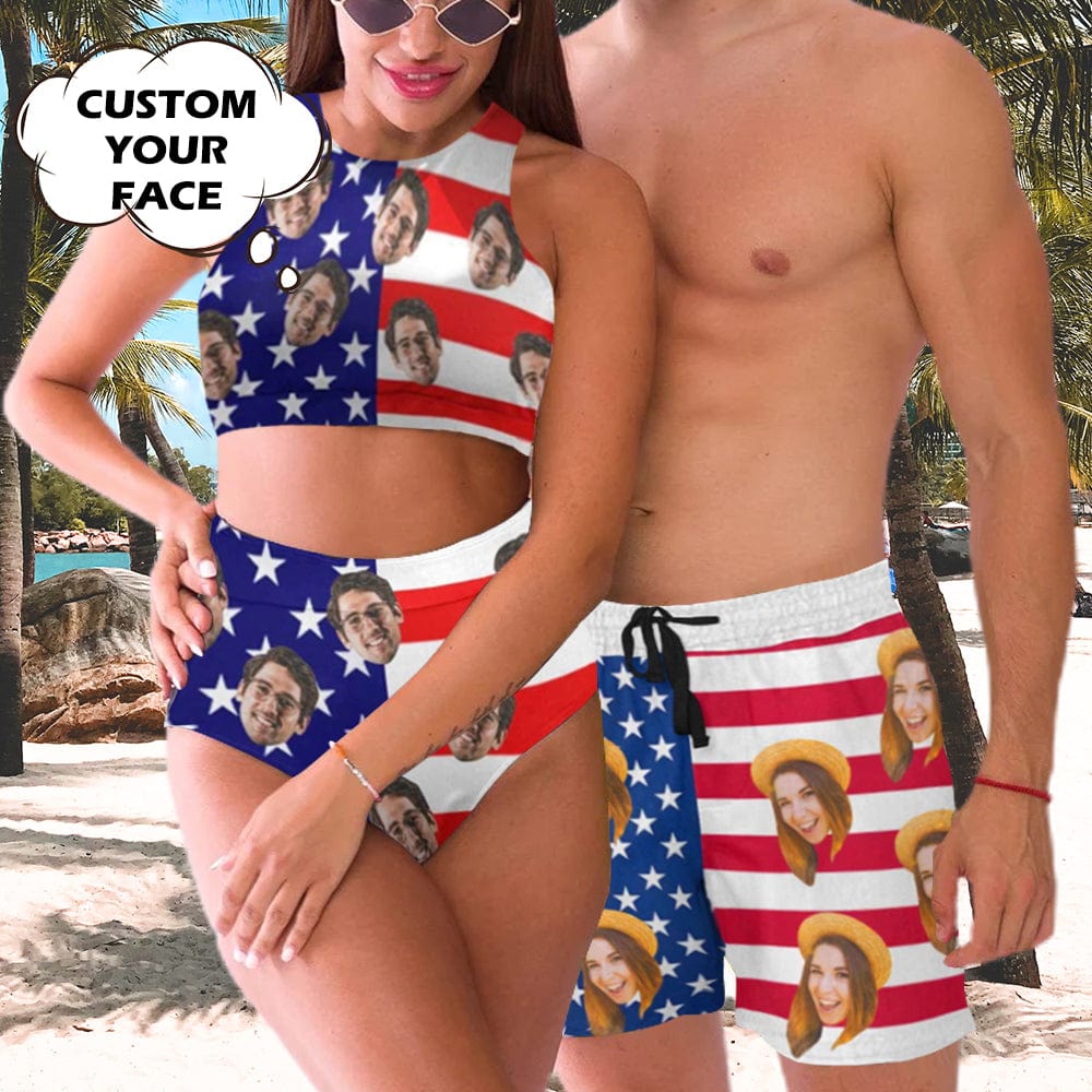 Custom Custom Face American Flag Style A Couple Matching Swimsuit Crew Neck High Waisted Bikini & Swim Shorts Personalized Bathing Suits Beach Outfits - YesCustom