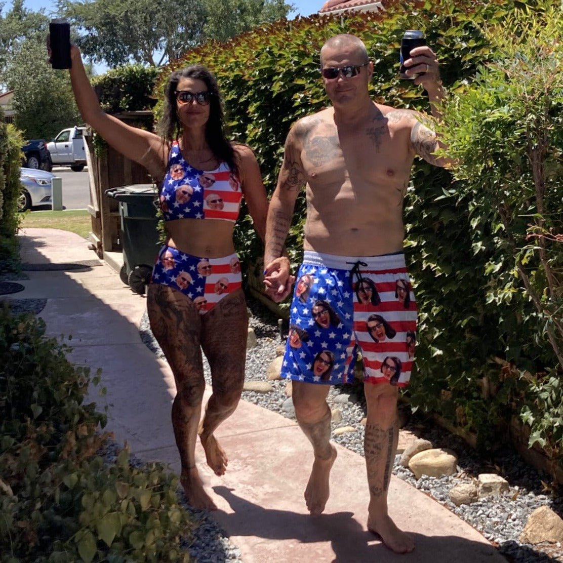 Custom Custom Face American Flag Style A Couple Matching Swimsuit Crew Neck High Waisted Bikini & Swim Shorts Personalized Bathing Suits Beach Outfits - YesCustom