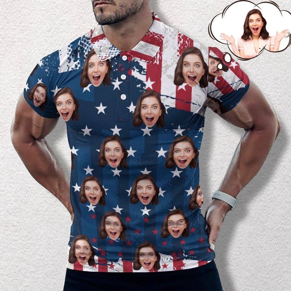 Custom Custom Face American Flag Style All Over Print Polo Shirt Personalized Men's Golf Shirt - YesCustom