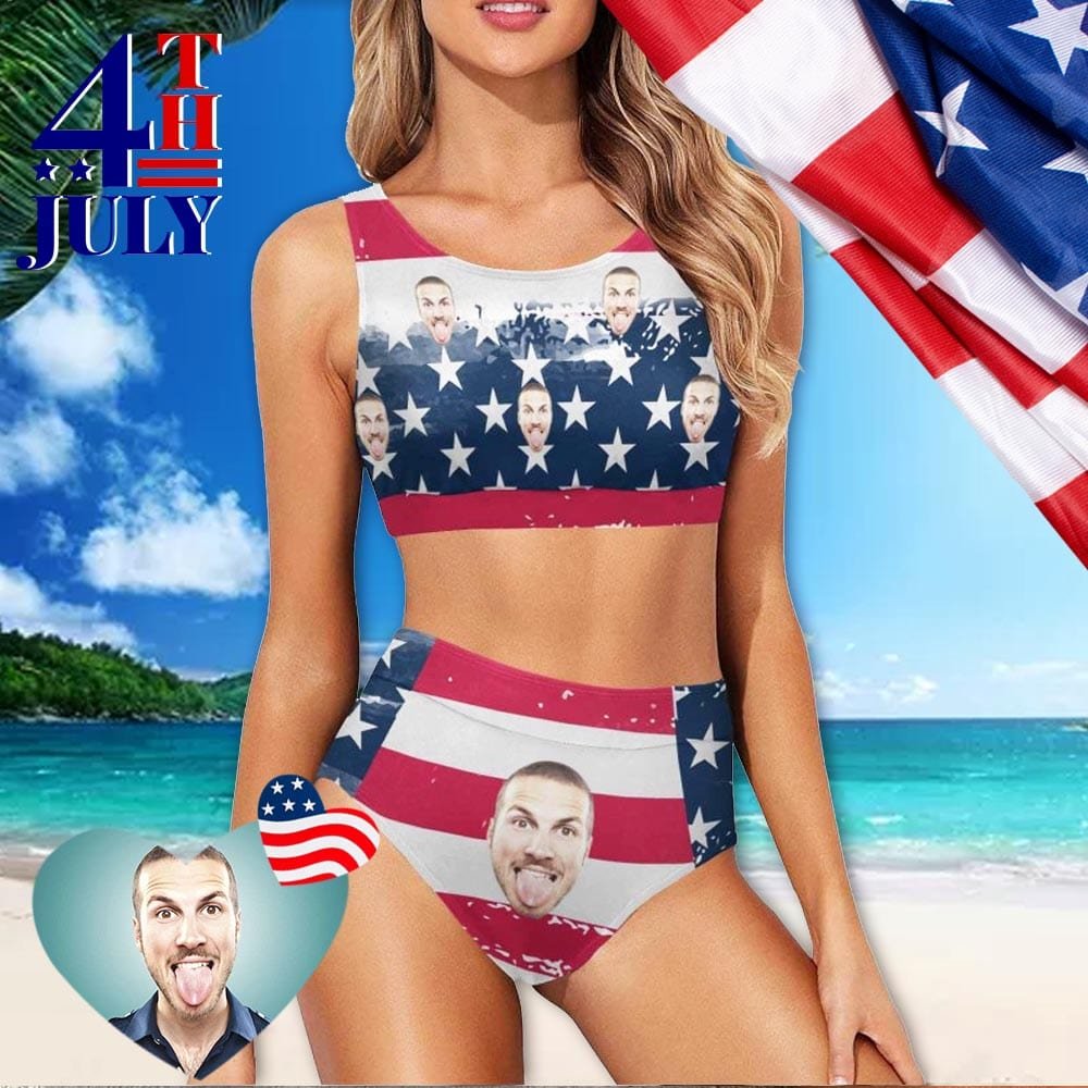Custom Custom Face American Flag Style B High Crew Neck High Waisted Bikini Personalized Women's Two Piece Swimsuit Beach Outfits - YesCustom