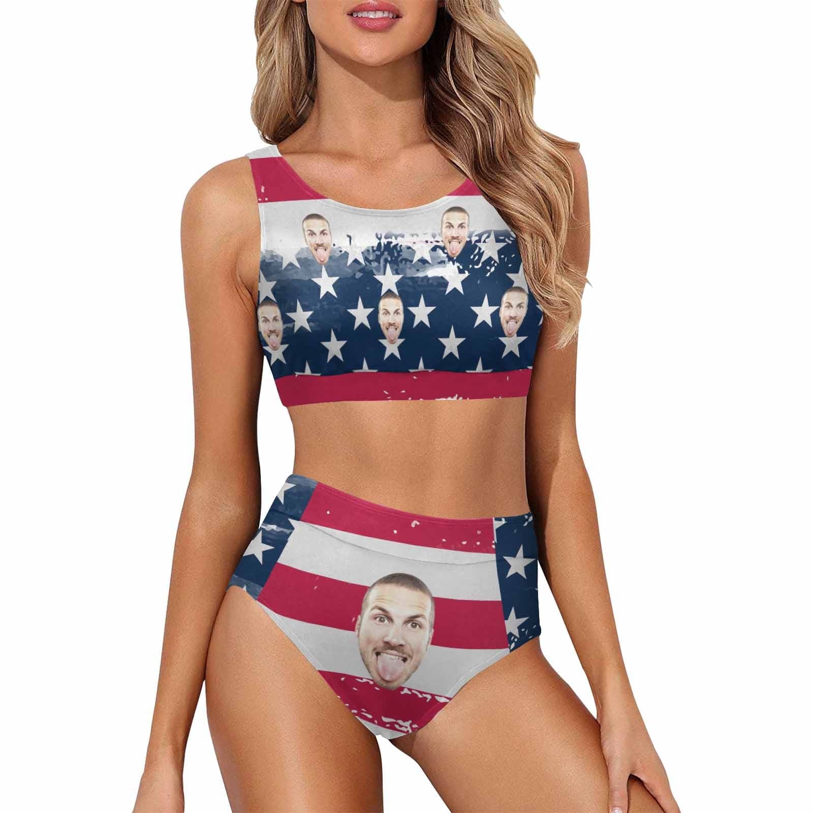 Custom Custom Face American Flag Style B High Crew Neck High Waisted Bikini Personalized Women's Two Piece Swimsuit Beach Outfits - YesCustom