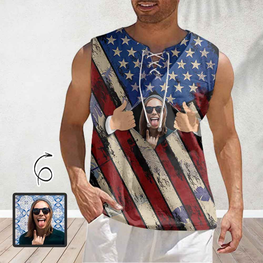 Custom Custom Face American Flag Style Men Lace Up Front Tank Top Mens Printing Digital 3D Printing With Sleeveless Top T Shirt Vest - YesCustom