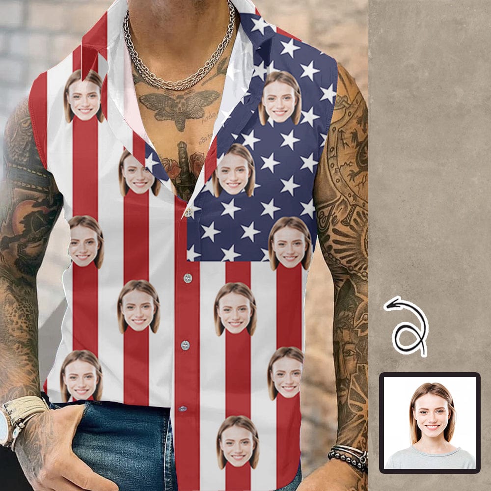 Custom Custom Face American Flag Style Mens Sleeveless Button Down Shirts Summer Beach Basic Hawaiian Shirts Clothing - YesCustom