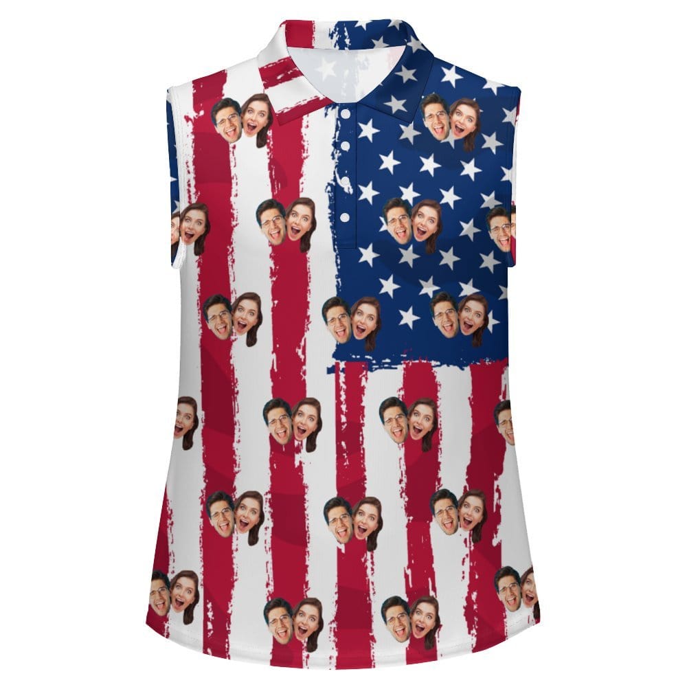 Custom Custom Face American Flag Style Sleeveless Polo Shirt Button Up Summer Casual Workout Tank Tops - YesCustom