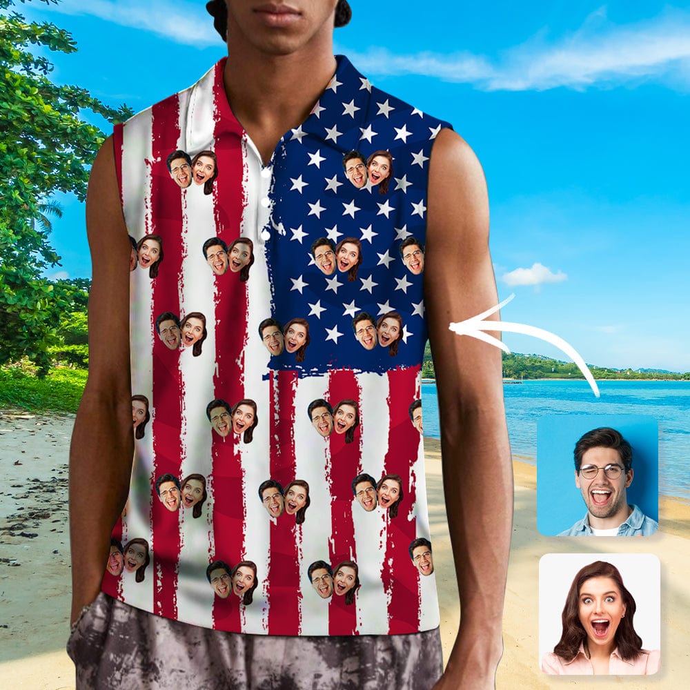 Custom Custom Face American Flag Style Sleeveless Polo Shirt Button Up Summer Casual Workout Tank Tops - YesCustom