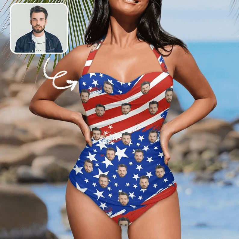 Custom Custom Face American Flag Style Stripes Strap Personalized One-piece Retro Bikini Swimsuit Custom One Piece Bathing Suits - YesCustom