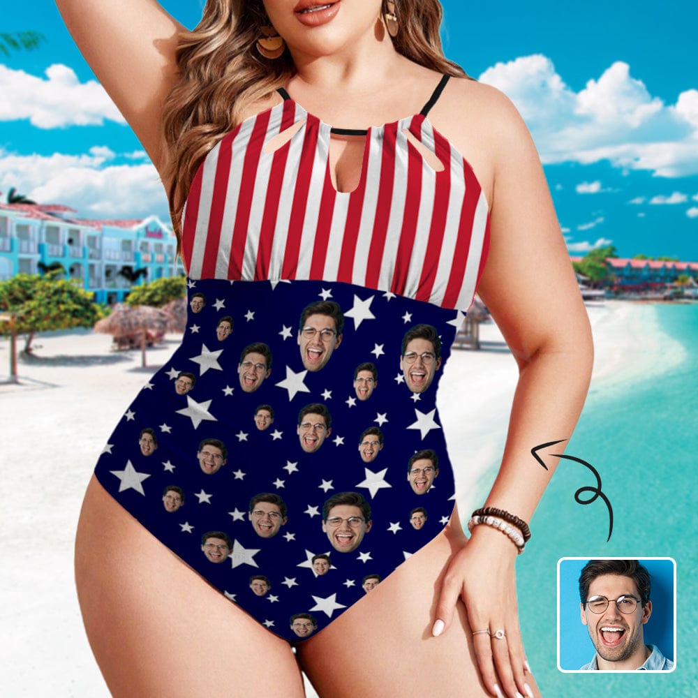 Custom Custom Face American Flag Style Swimsuit Personalized Women's One Piece Backless Tie Swimsuit Face Bathing Suit - YesCustom
