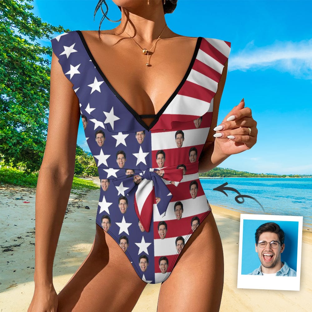 Custom Custom Face American Flag Style V Neck Ruffle One Piece Swimsuit Sexy Belt Custom Picture Bathing Suit Tie Back - YesCustom