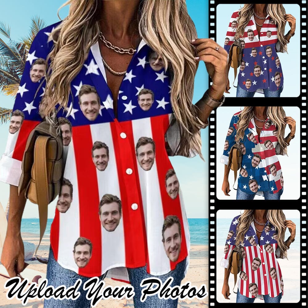 Custom Custom Face American Flag Style Women's Hawaiian Shirts Casual Long Sleeve Women's Cropped Hem Shirt - YesCustom