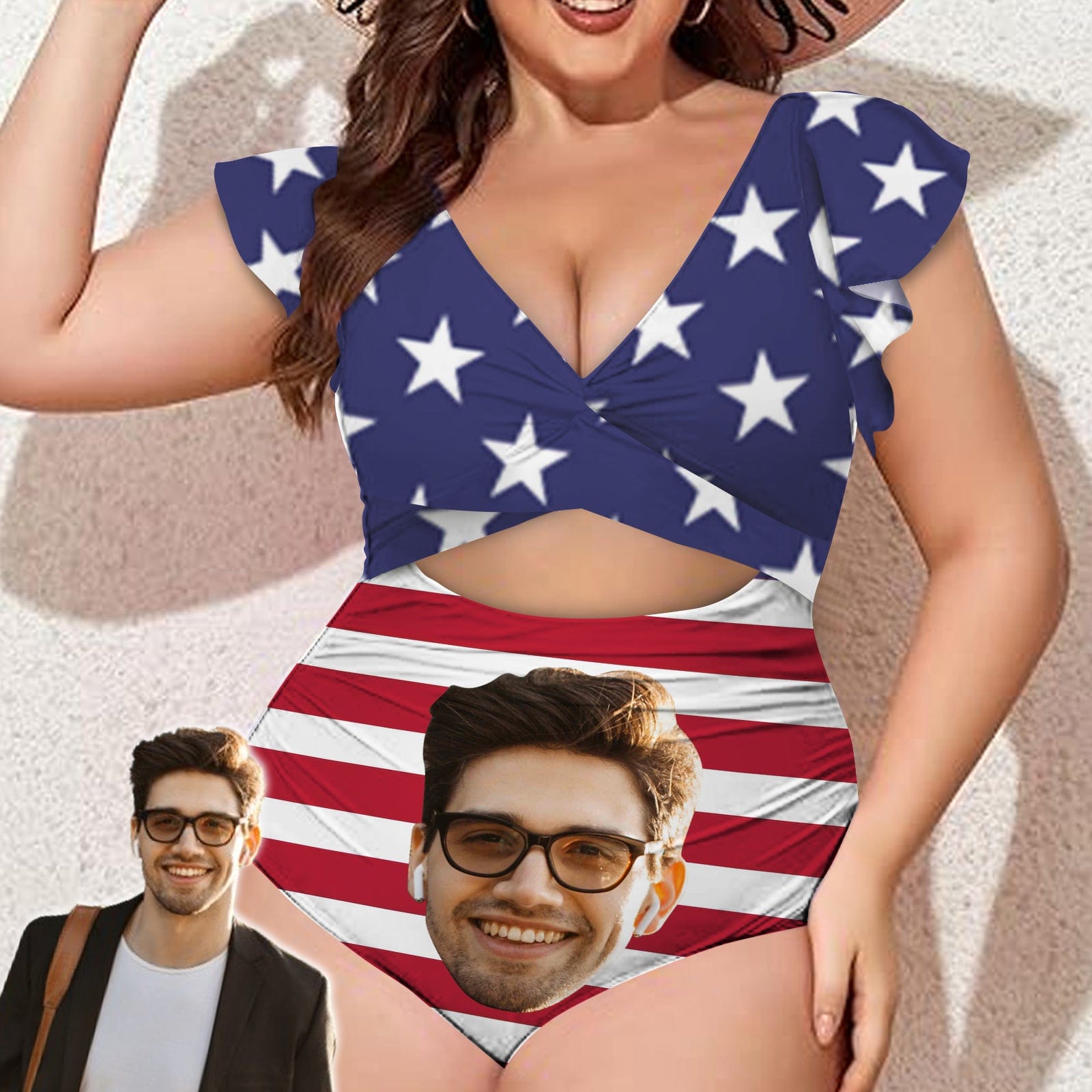 Custom Custom Face American Flag Style Women's Twist Front Ruffle Sleeve Swimsuit Face Bathing Suit - YesCustom