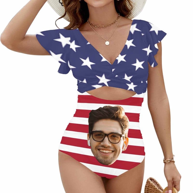 Custom Custom Face American Flag Style Women's Twist Front Ruffle Sleeve Swimsuit Face Bathing Suit - YesCustom