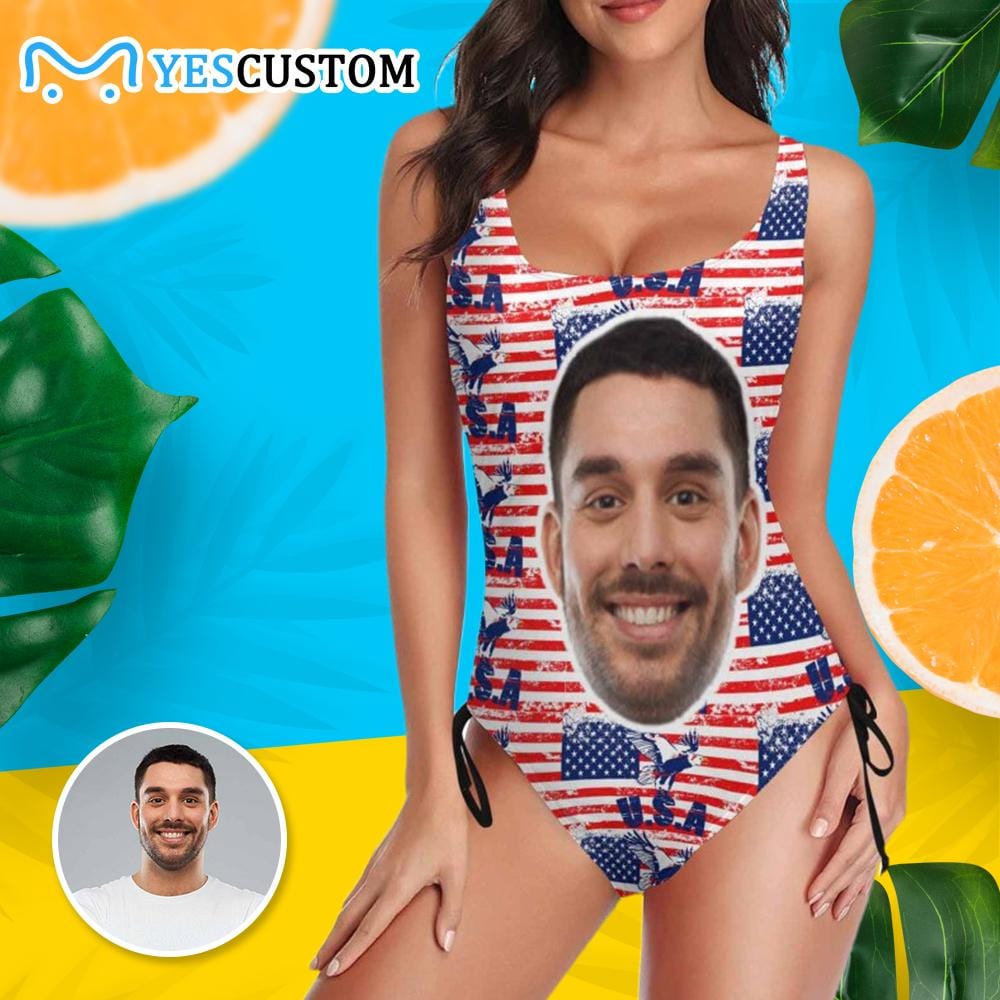 Custom Custom Face American Flag Swimsuit Personalized Women's New Drawstring Side One Piece Bathing Suits Celebrate Holiday Party - YesCustom