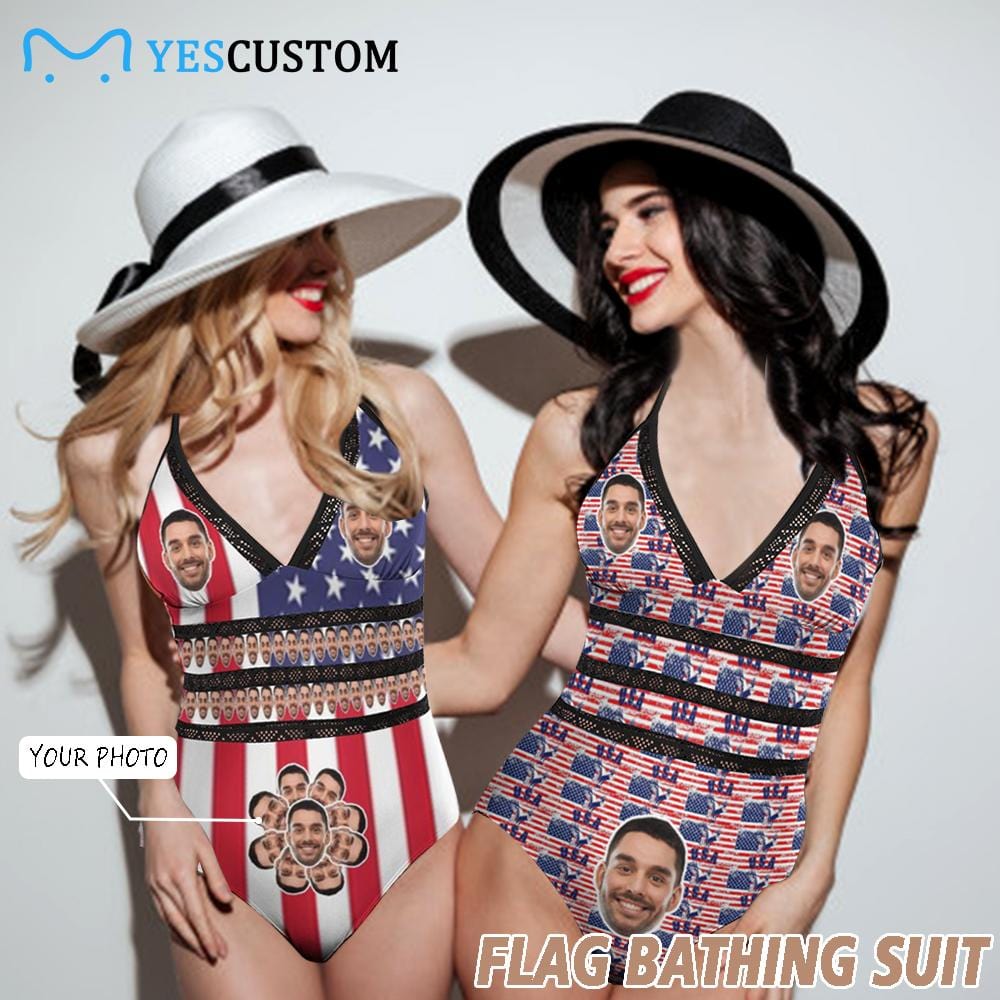 Custom Custom Face American Flag Swimsuit Personalized Women's New Strap One Piece Bathing Suit Birthday Gift Bachelorette Party - YesCustom