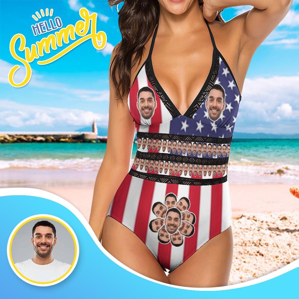 Custom Custom Face American Flag Swimsuit Personalized Women's New Strap One Piece Bathing Suit Birthday Gift Bachelorette Party - YesCustom