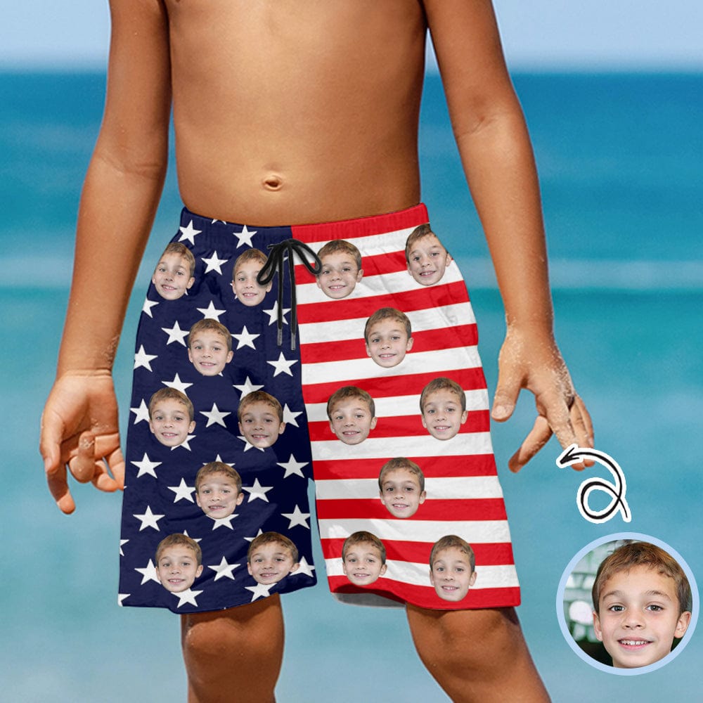 Custom Custom Face American Flag Teen Beach Shorts - YesCustom